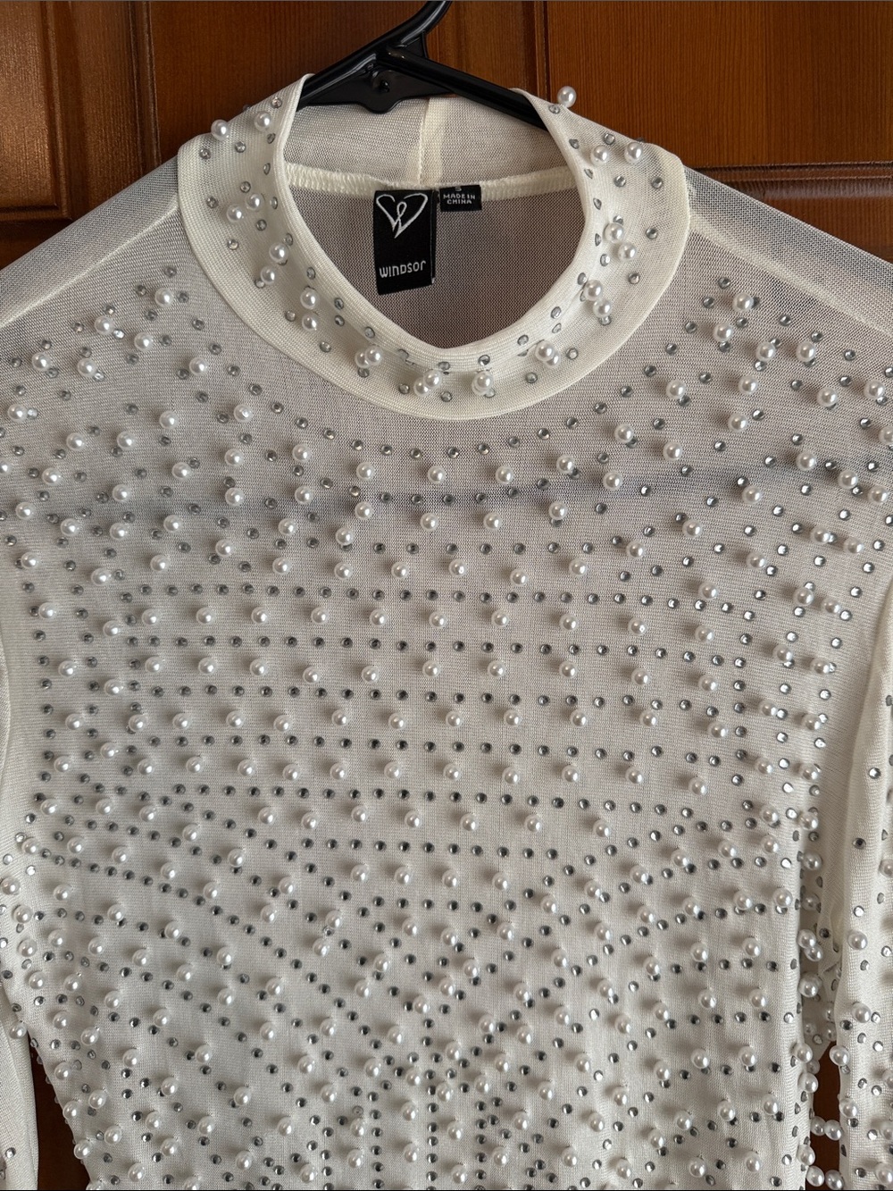 Windsor Ivory Beaded Long-Sleeve Mesh Bodysuit - Picture 3 of 3